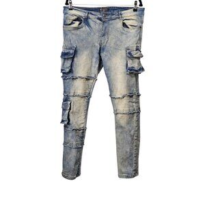Steve's Jeans Denim Triple Cargo Frayed Distressed Cotton Blue Jeans